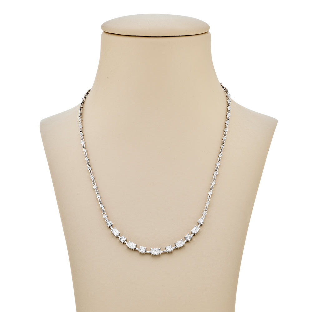 Platinum Oval and Round Diamond Swooped Pendant Necklace