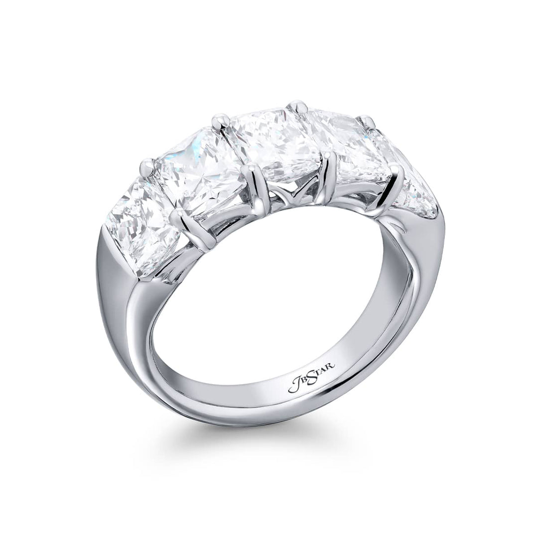 Elegance Elevated: Our classic single row GIA certified 5.03 ctw. Diamond Band. These five beautiful radiant-cut diamonds are handcrafted in pure platinum.