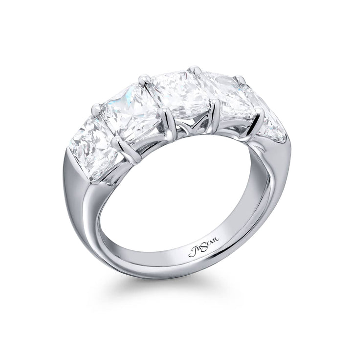 Elegance Elevated: Our classic single row GIA certified 5.03 ctw. Diamond Band. These five beautiful radiant-cut diamonds are handcrafted in pure platinum.