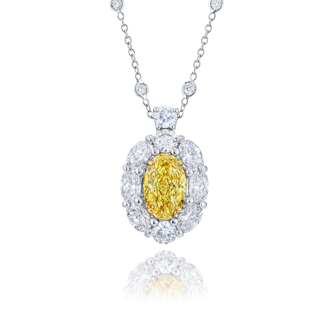 Platinum and 18K Yellow Gold Oval Fancy Yellow Diamond Certified Pendant