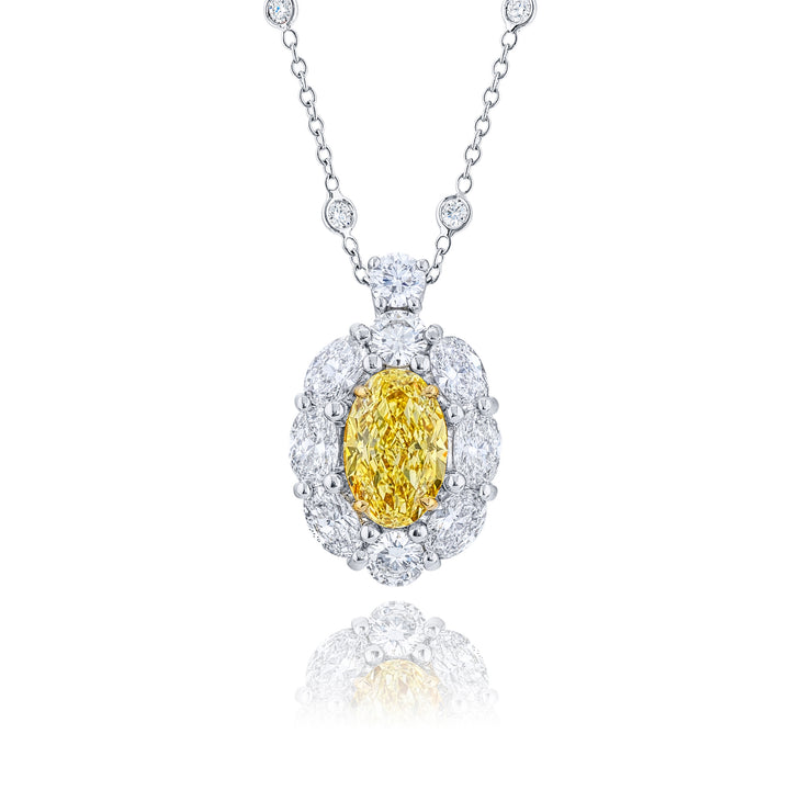 Platinum and 18K Yellow Gold Oval Fancy Yellow Diamond Certified Pendant