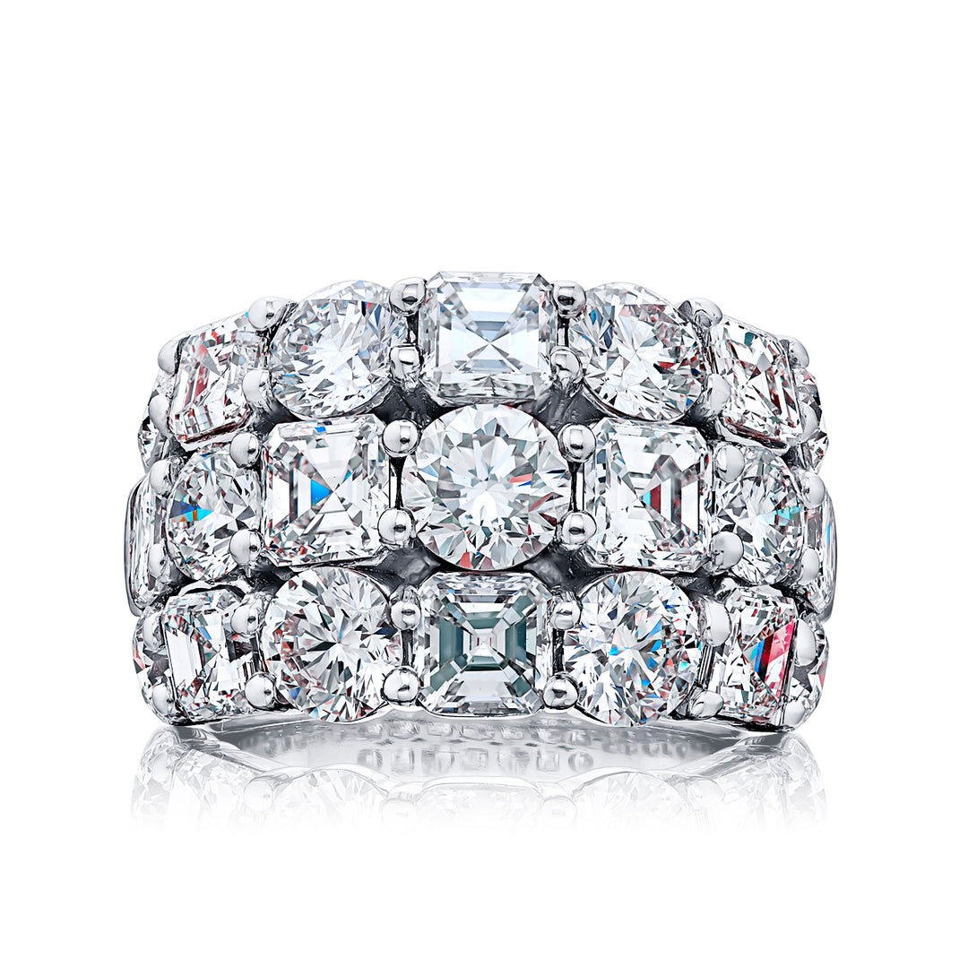 Iconic Three-Row Diamond Band | Square Emerald-Cut and Round Diamonds in Platinum