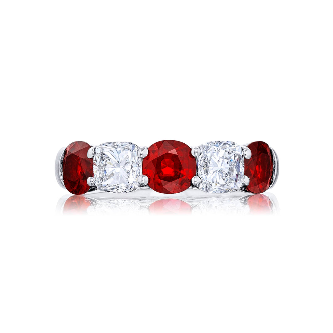 Platinum Cushion-Cut Ruby and Diamond Single-Row Band