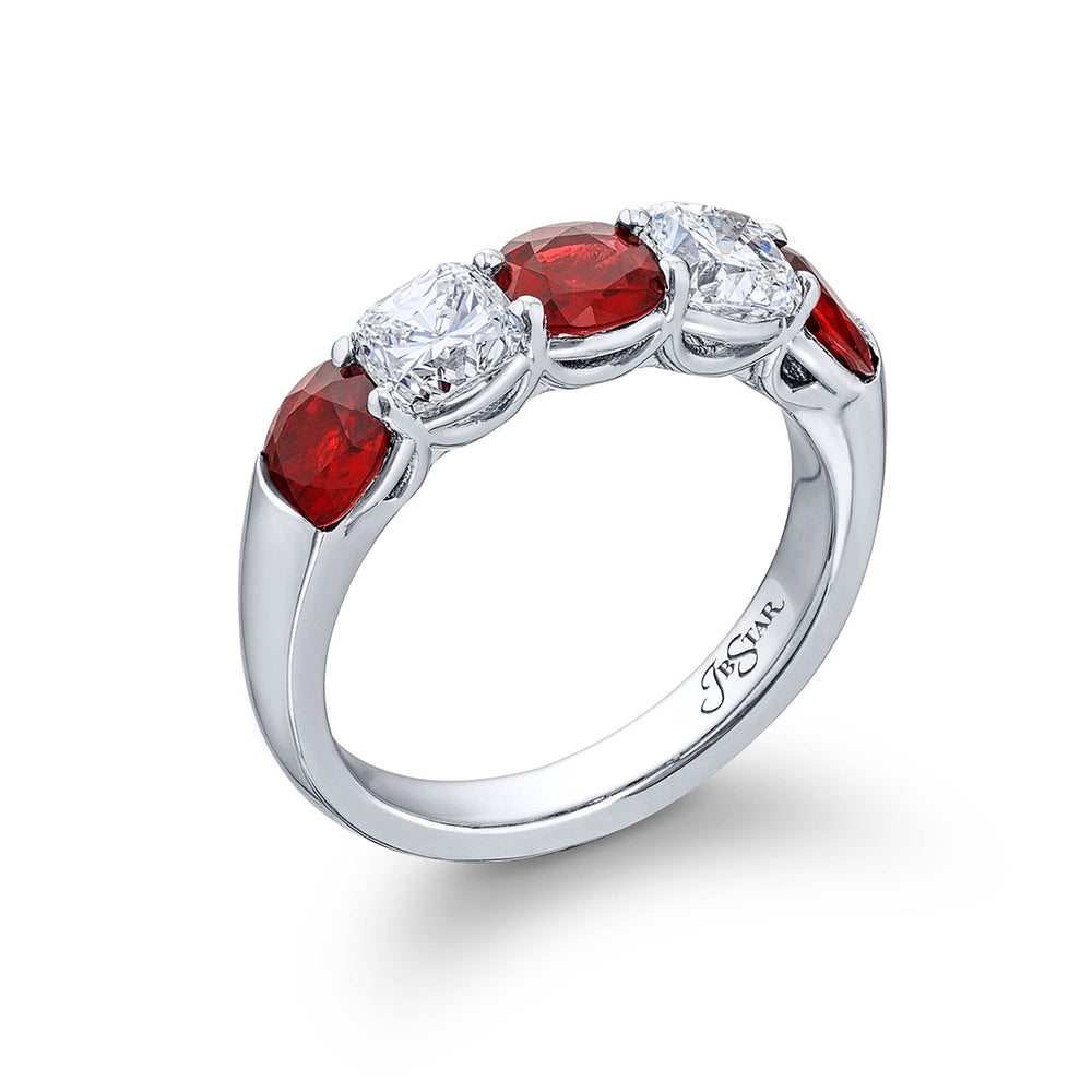 Platinum Cushion-Cut Ruby and Diamond Single-Row Band