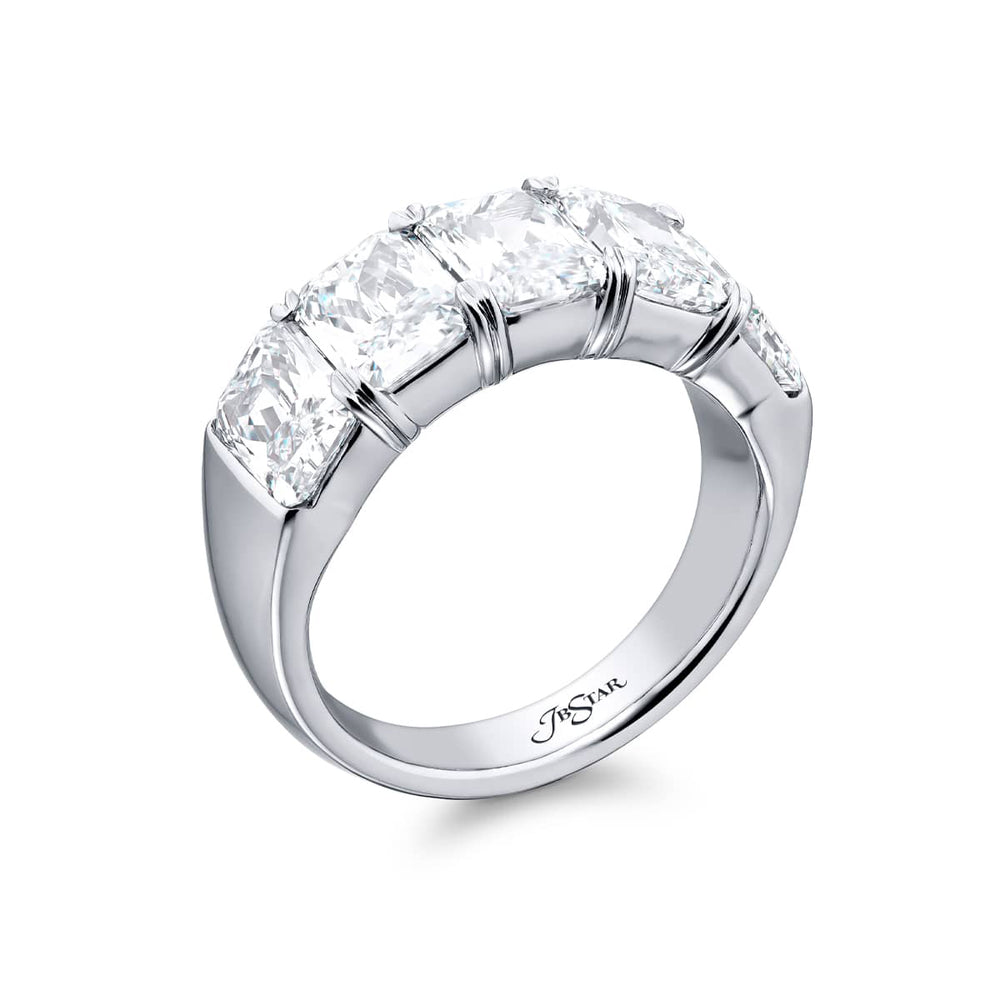 Elegance Elevated: Our stunning single row 5.13 ctw. GIA certified Diamond Band. These five beautiful radiant-cut diamonds are handcrafted in pure platinum.