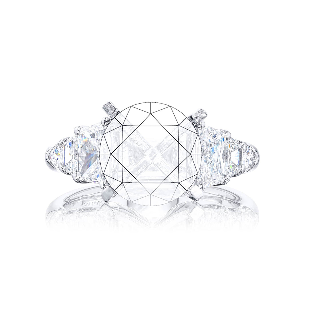 Gorgeous diamond semi mount with trapezoid and shield diamonds in a shared prong setting. Handcrafted in pure platinum.
