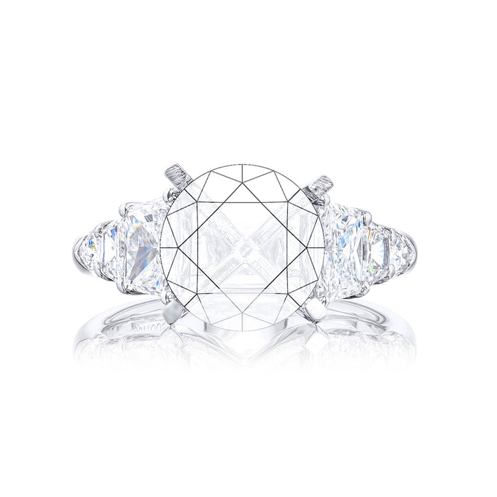 Gorgeous diamond semi mount with trapezoid and shield diamonds in a shared prong setting. Handcrafted in pure platinum.