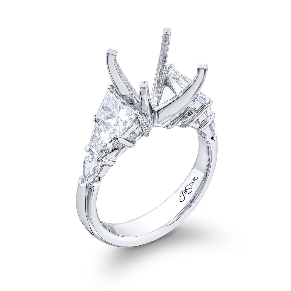Gorgeous diamond semi mount with trapezoid and shield diamonds in a shared prong setting. Handcrafted in pure platinum.