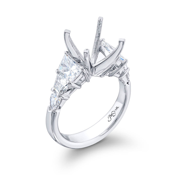 Gorgeous diamond semi mount with trapezoid and shield diamonds in a shared prong setting. Handcrafted in pure platinum.