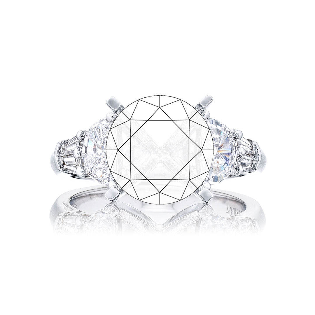 Dazzling Brilliance: Our timeless Diamond Semi-mount. These two half-moon diamonds accompanied by four beautiful tapered baguette diamonds are handcrafted in pure platinum.
