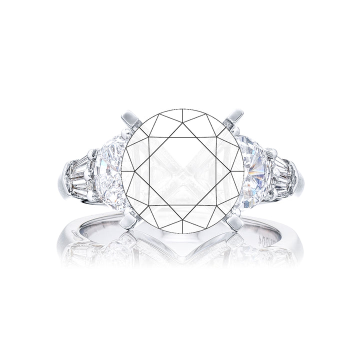 Dazzling Brilliance: Our timeless Diamond Semi-mount. These two half-moon diamonds accompanied by four beautiful tapered baguette diamonds are handcrafted in pure platinum.