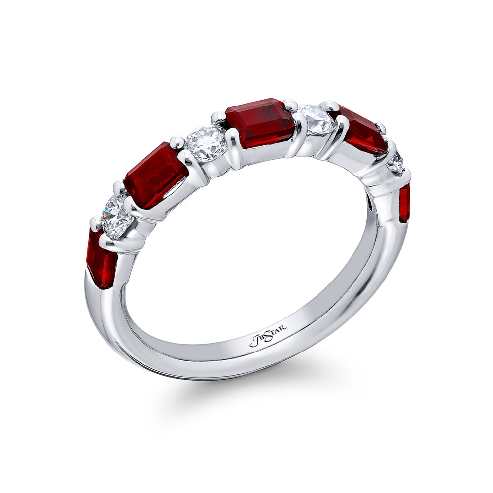 Elegance Elevated: Our classic single row East-West Ruby Band. These beautiful emerald-cut rubies blended with round diamonds are handcrafted in pure platinum.