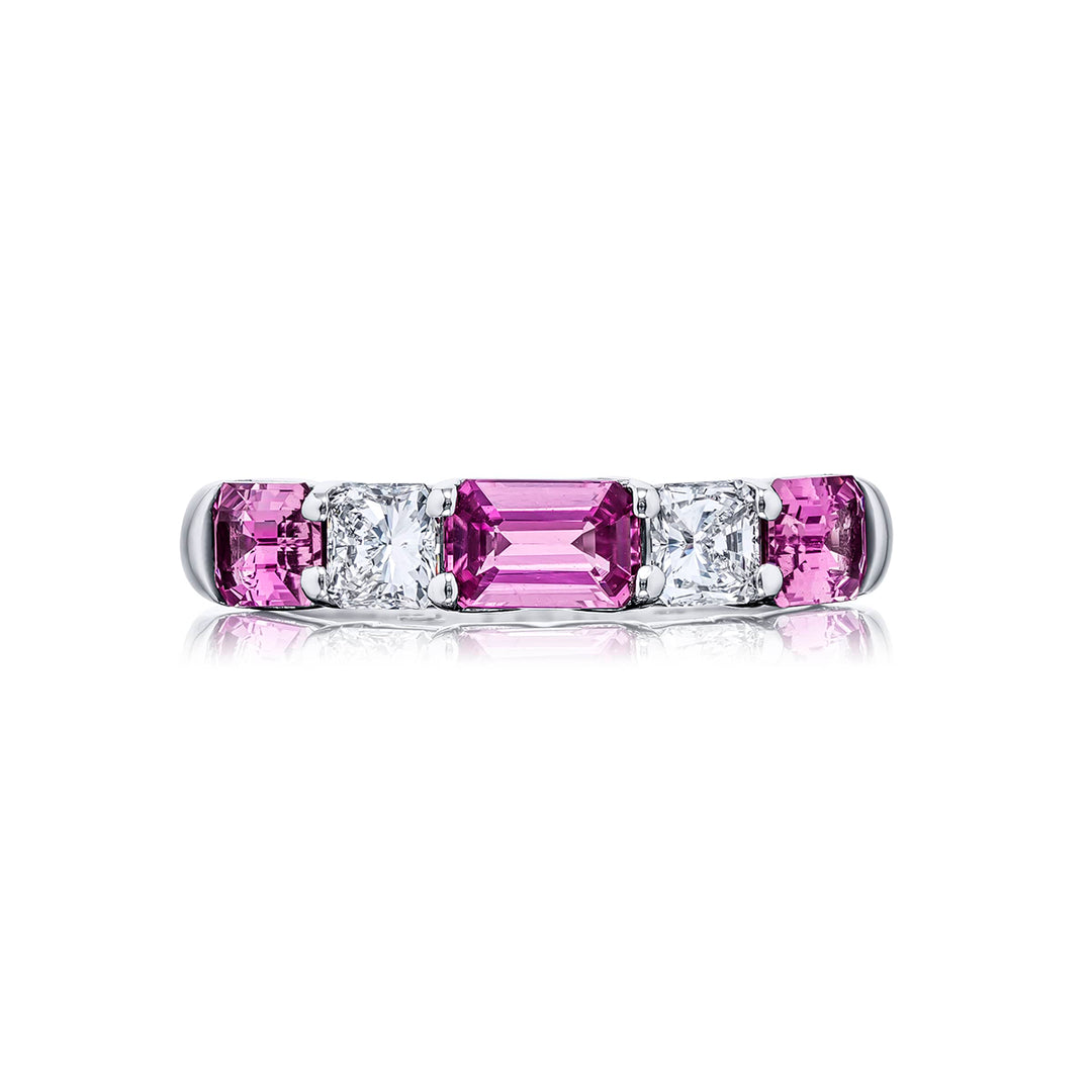 Platinum Emerald-Cut Pink Sapphire and Square Emerald-Cut Diamond Single-Row Band