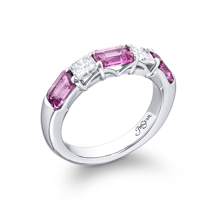 Platinum Emerald-Cut Pink Sapphire and Square Emerald-Cut Diamond Single-Row Band