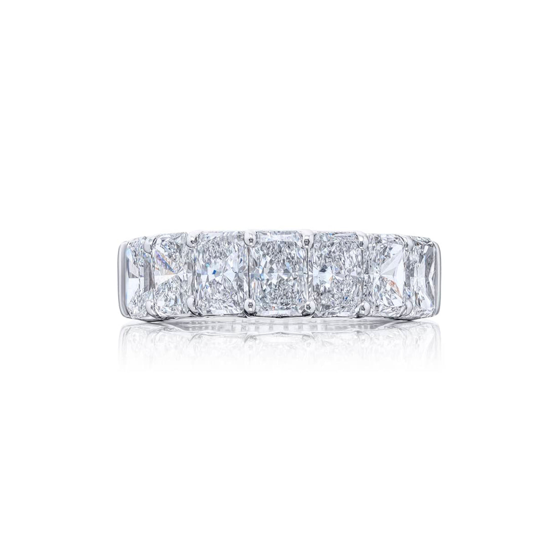Elegance Elevated: Our signature GIA certified Diamond Band. These seven beautiful radiant-cut diamonds are handcrafted in pure platinum.