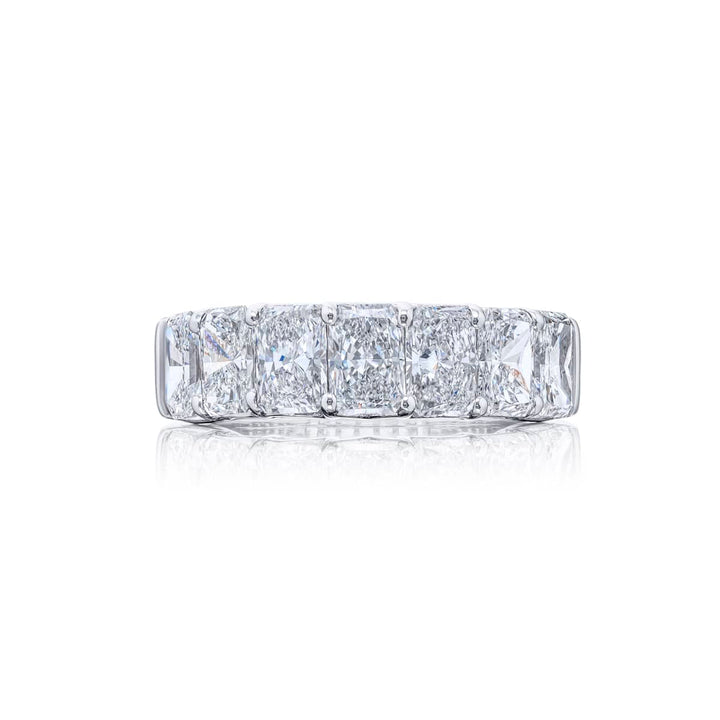 Elegance Elevated: Our signature GIA certified Diamond Band. These seven beautiful radiant-cut diamonds are handcrafted in pure platinum.
