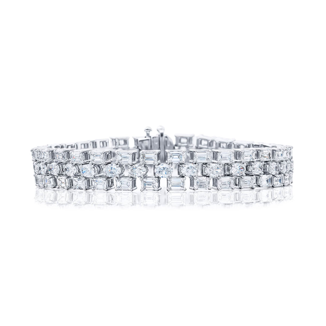 Platinum Emerald-Cut and Oval Diamond Three-Row Bracelet