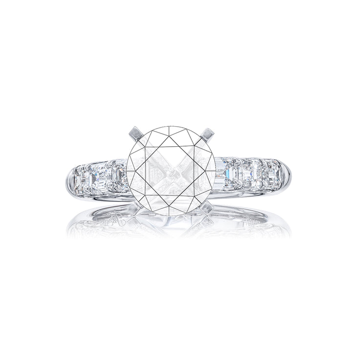 Dazzling Brilliance: Our timeless East-West Diamond Semi-mount. These six emerald-cut diamonds are set in a shared prong setting handcrafted in pure platinum.
