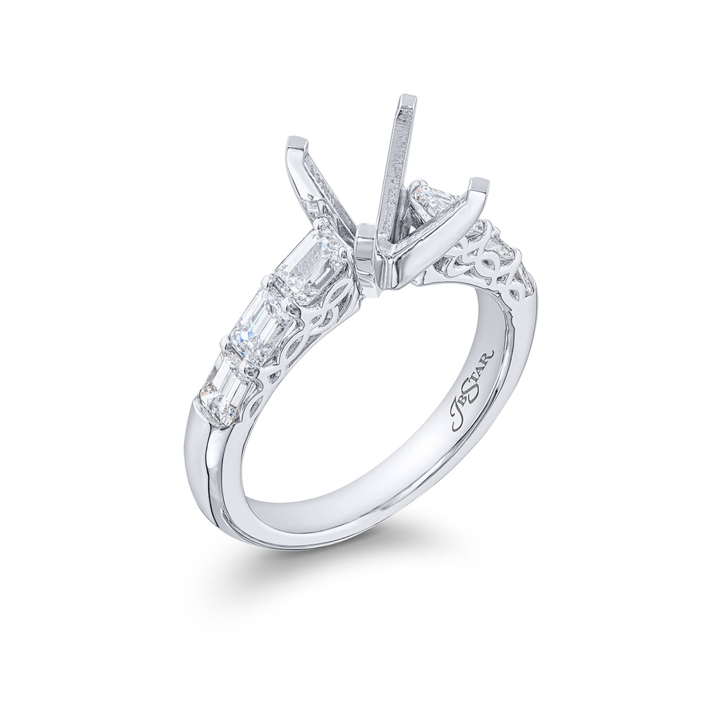 Dazzling Brilliance: Our timeless East-West Diamond Semi-mount. These six emerald-cut diamonds are set in a shared prong setting handcrafted in pure platinum.