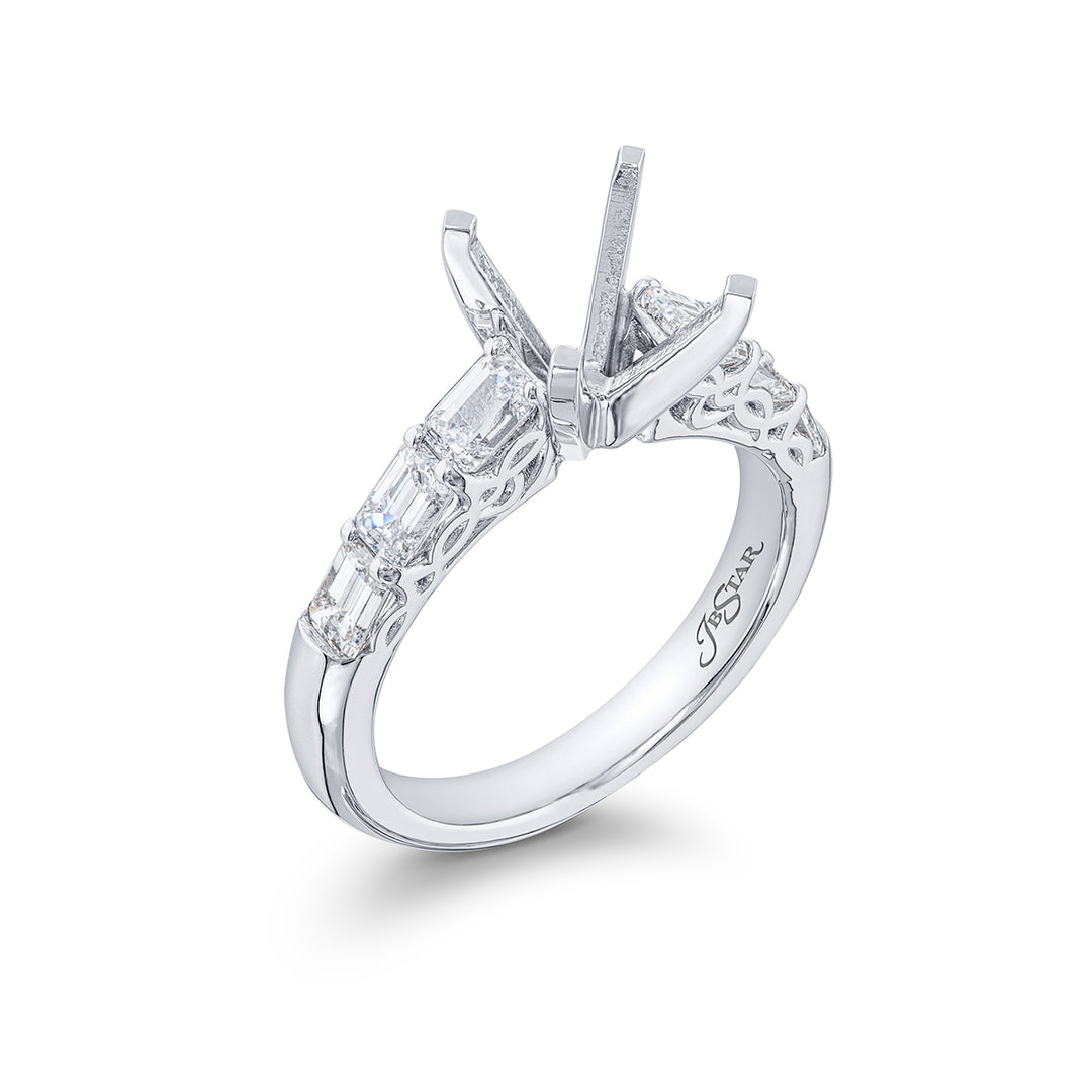 Dazzling Brilliance: Our timeless East-West Diamond Semi-mount. These six emerald-cut diamonds are set in a shared prong setting handcrafted in pure platinum.