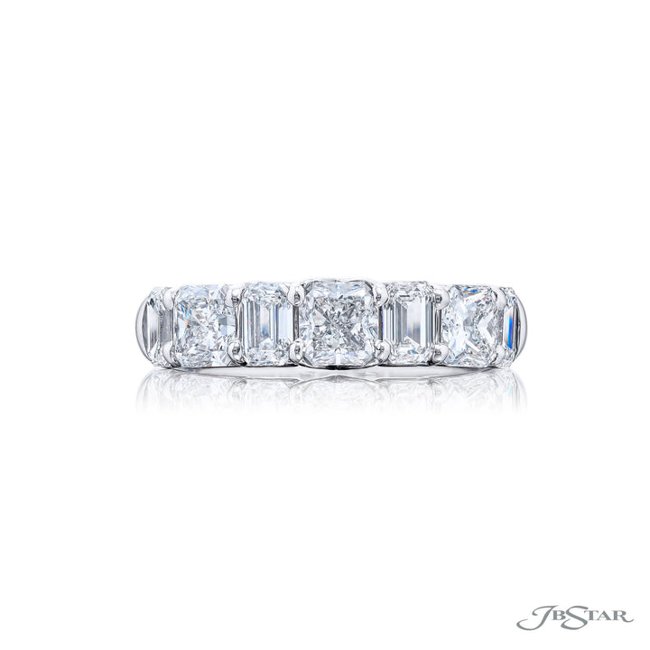 Elegance Elevated: Our classic 2.93 ctw. Diamond Band. These beautiful radiant-cut diamonds accompany emerald-cut diamonds and are handcrafted in pure platinum.
