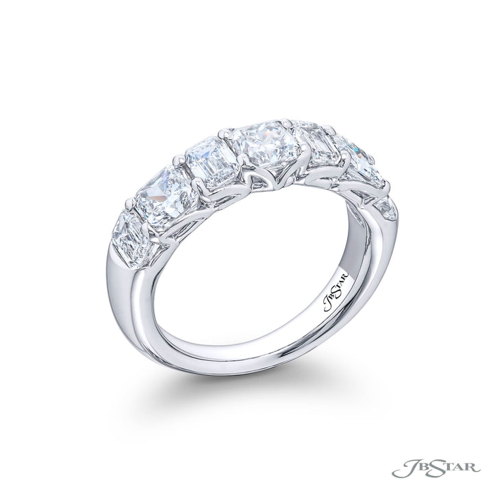 Elegance Elevated: Our classic 2.93 ctw. Diamond Band. These beautiful radiant-cut diamonds accompany emerald-cut diamonds and are handcrafted in pure platinum.