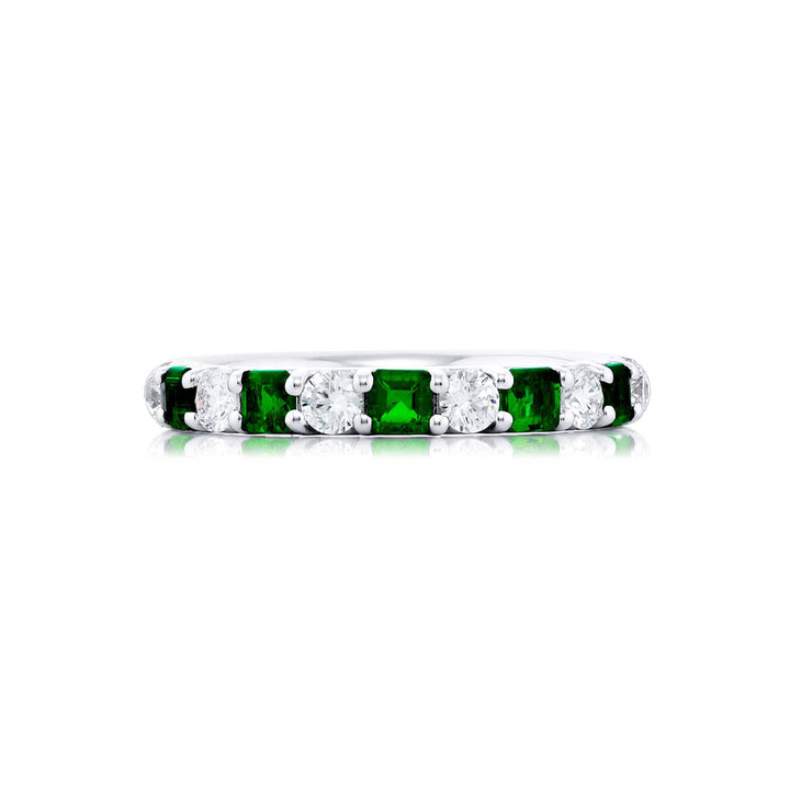 Elegance Elevated: Our signature Emerald and Diamond Band. These beautiful square emerald-cut emeralds blend with round diamonds and are handcrafted in pure platinum.