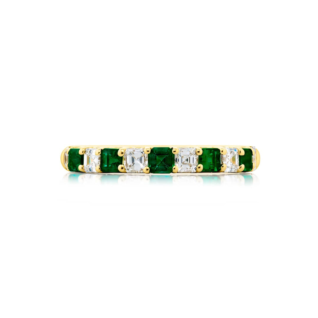 18K Yellow Gold Square Emerald-Cut Emerald and Diamond Band
