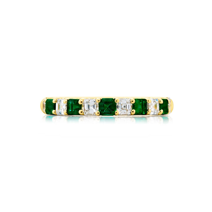 18K Yellow Gold Square Emerald-Cut Emerald and Diamond Band