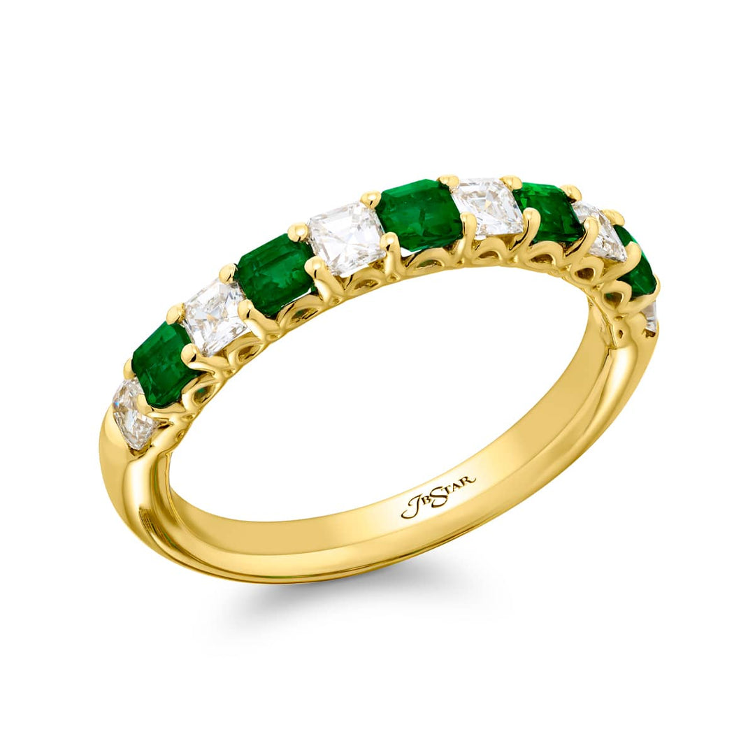 18K Yellow Gold Square Emerald-Cut Emerald and Diamond Band