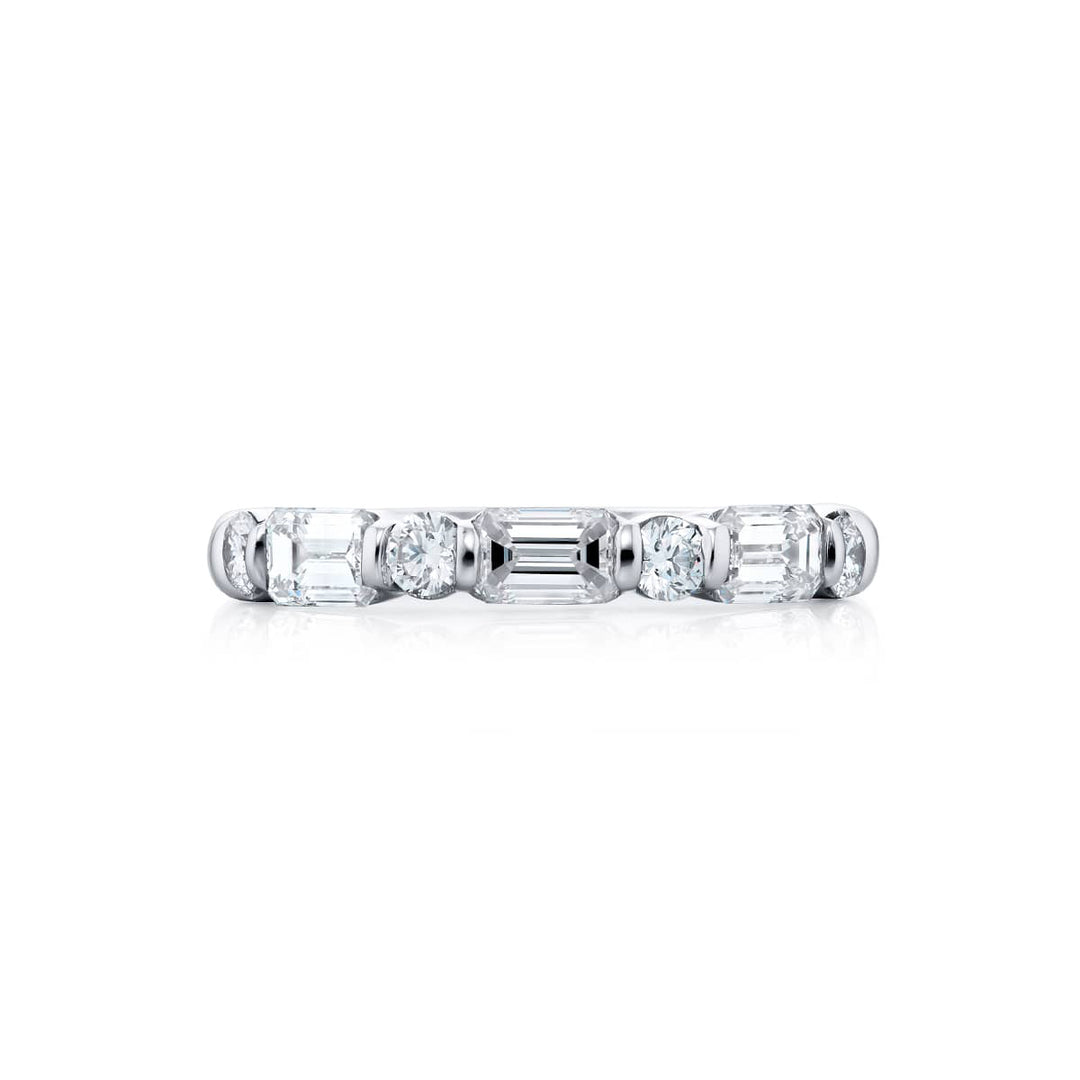 Elegance Elevated: Our signature 1.26 ctw. East-West Bar Set Diamond Band. These beautiful emerald-cut diamonds blending with round diamonds are handcrafted in pure platinum.