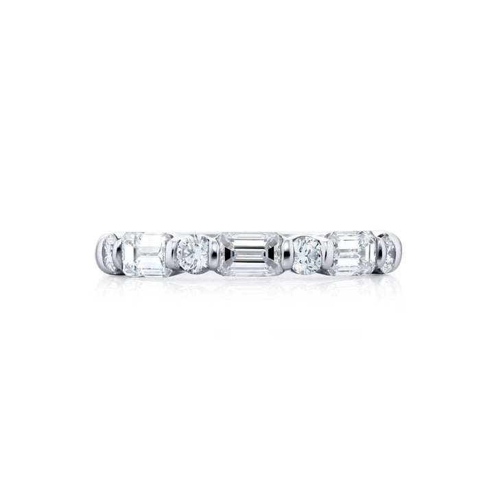Elegance Elevated: Our signature 1.26 ctw. East-West Bar Set Diamond Band. These beautiful emerald-cut diamonds blending with round diamonds are handcrafted in pure platinum.