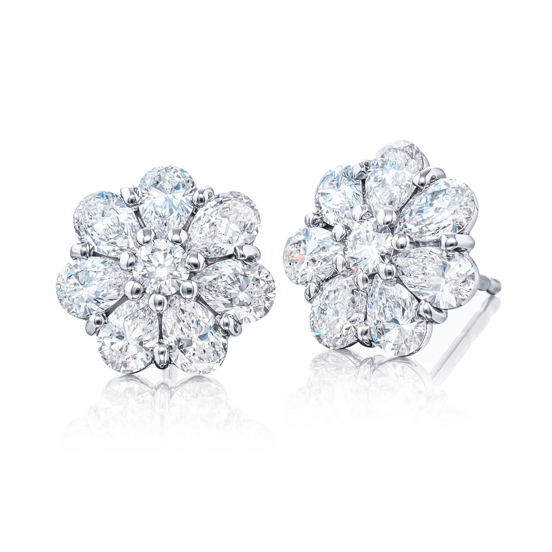 Platinum Pear-Shaped and Round Diamond Floral Stud Earrings