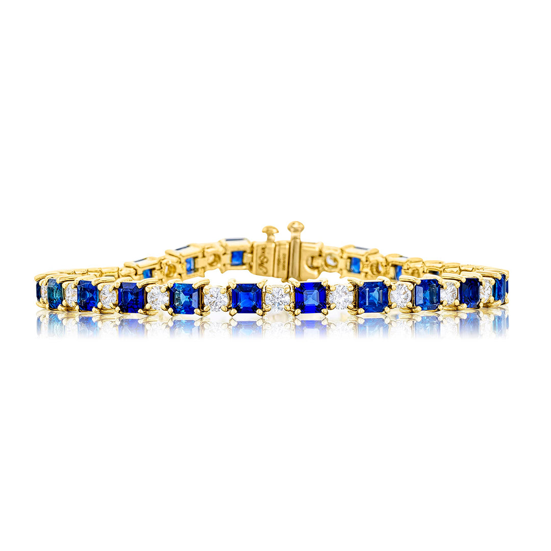 18K Yellow Gold Square Emerald-Cut Sapphire and Diamond Bracelet