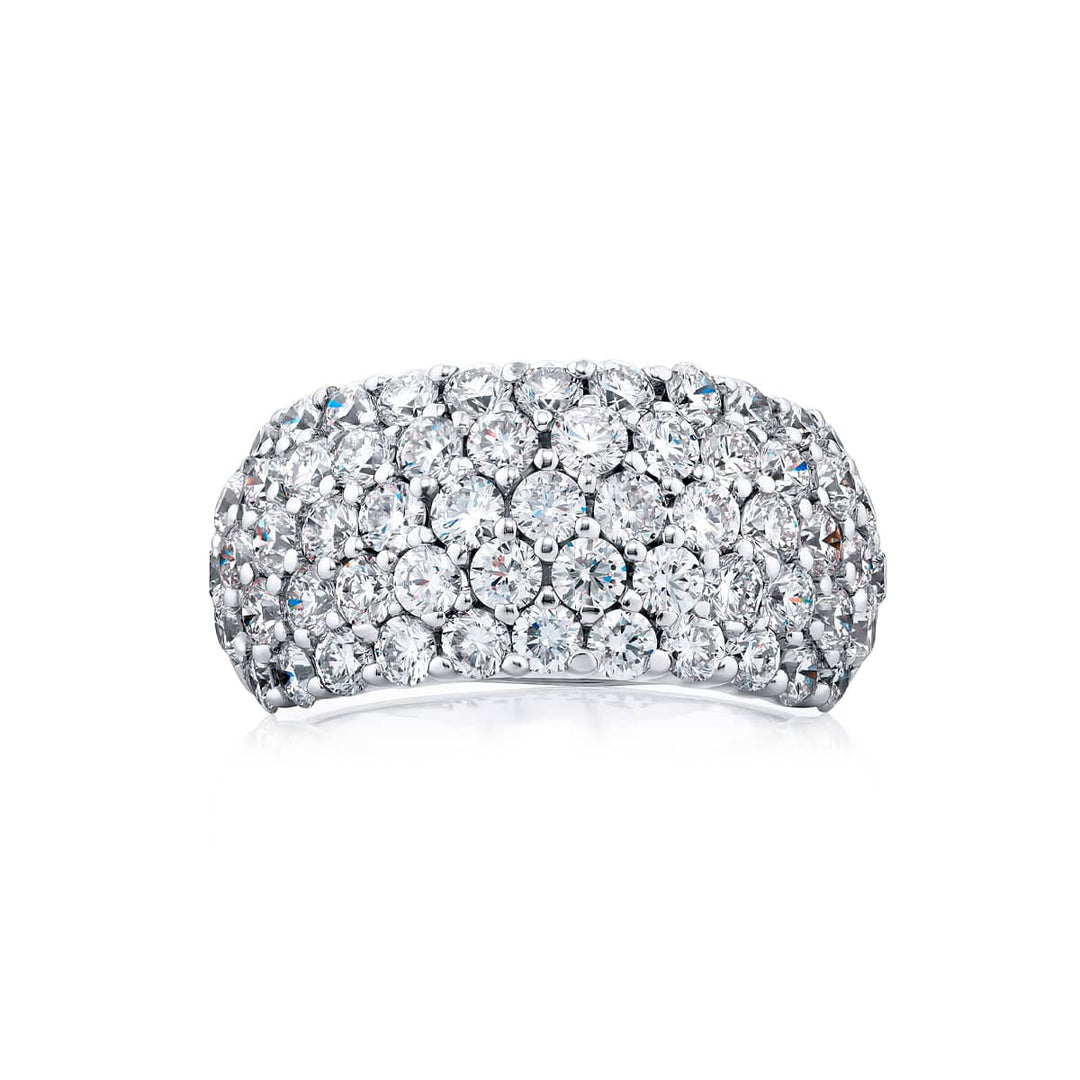 Elegance Elevated: Our dazzling 3.84 ctw. Five Row Diamond Band. These fifty-nine beautiful round diamonds are handcrafted in pure platinum.