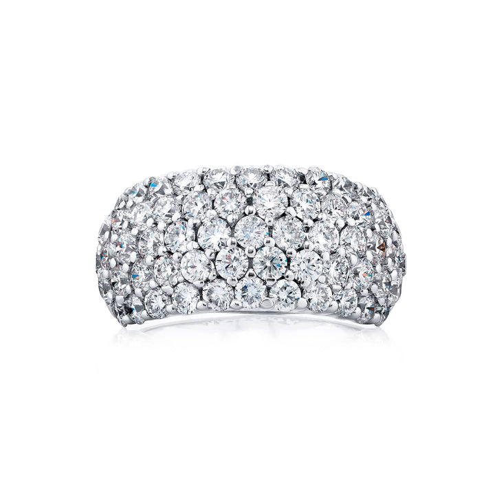 Elegance Elevated: Our dazzling 3.84 ctw. Five Row Diamond Band. These fifty-nine beautiful round diamonds are handcrafted in pure platinum.