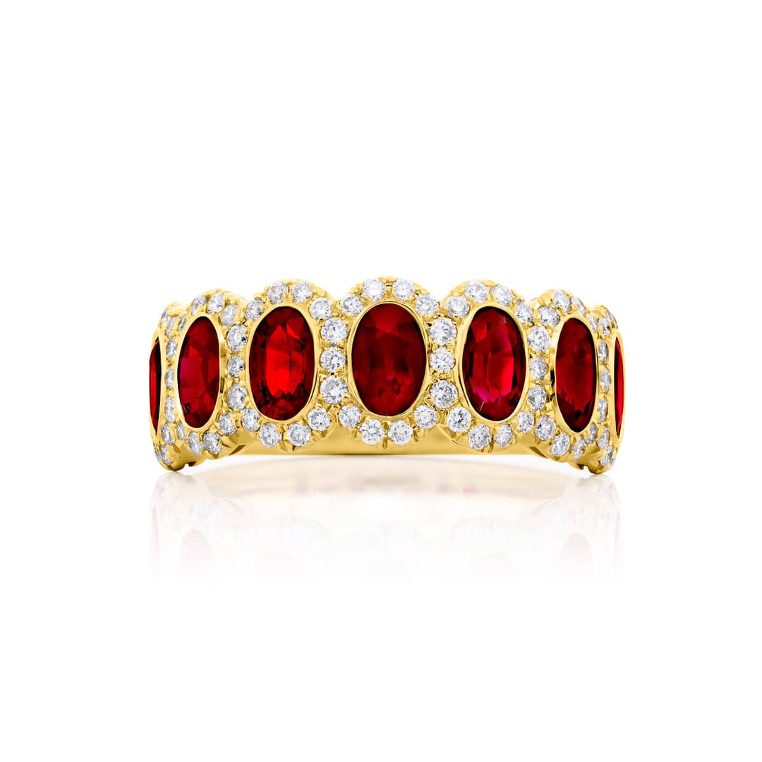 18K Yellow Gold Oval Ruby Bezel Set Micro Pave Band