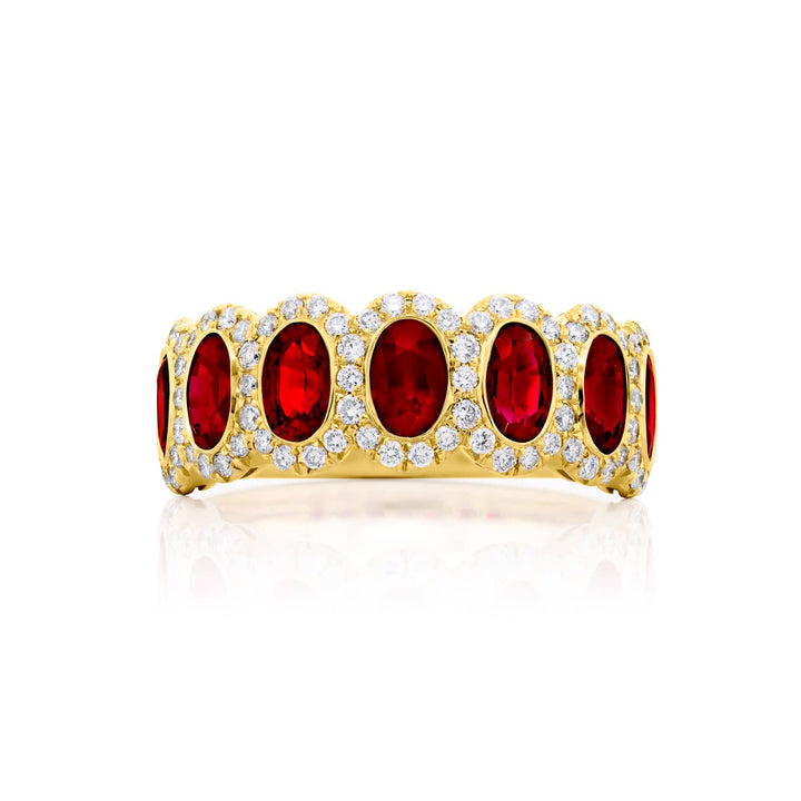 18K Yellow Gold Oval Ruby Bezel Set Micro Pave Band