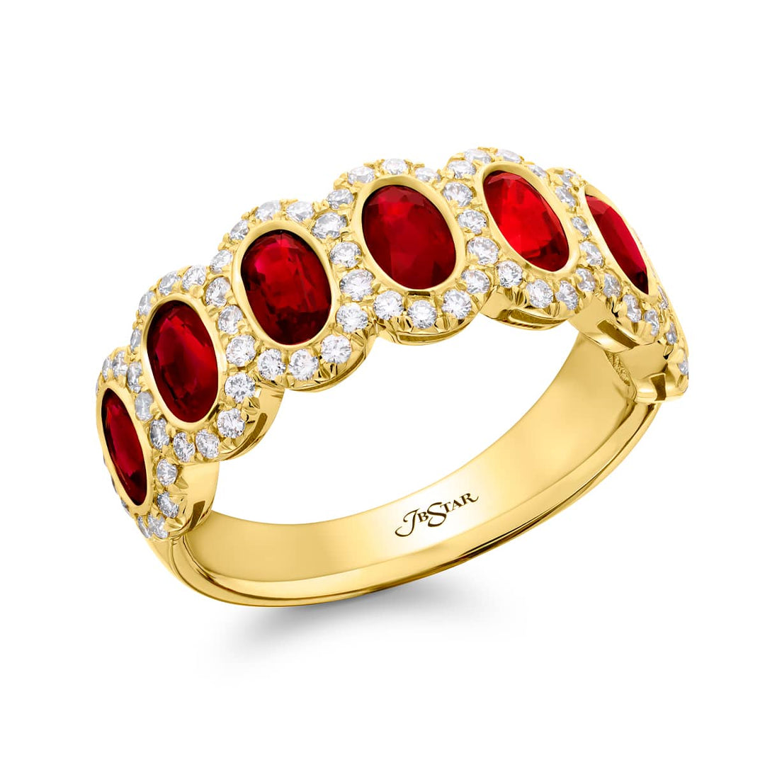 18K Yellow Gold Oval Ruby Bezel Set Micro Pave Band