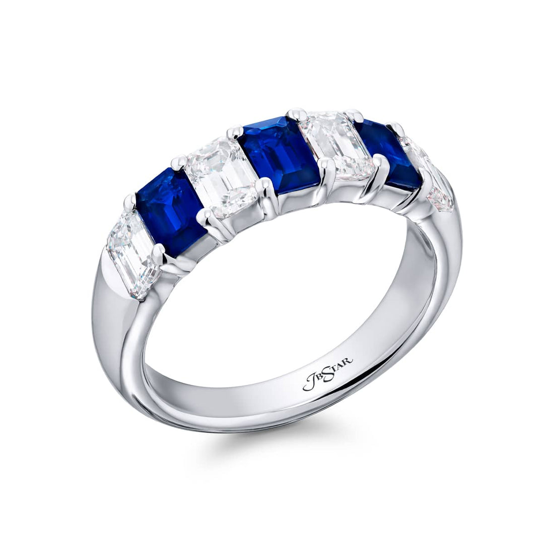 Platinum Emerald-Cut Sapphire and Diamond Band
