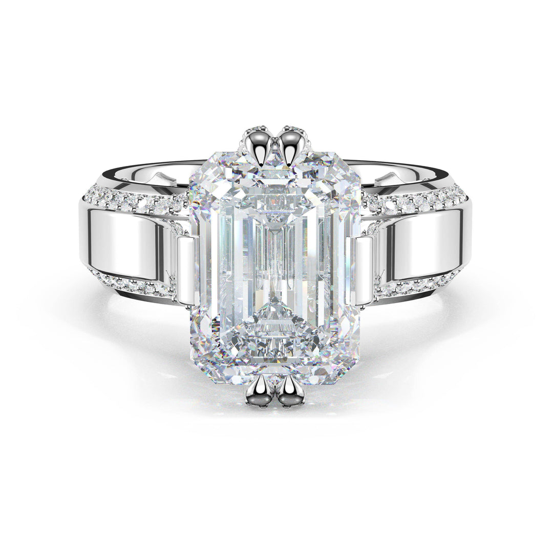 Emerald Wide Band Solitaire Engagement Ring in 18kt White Gold
