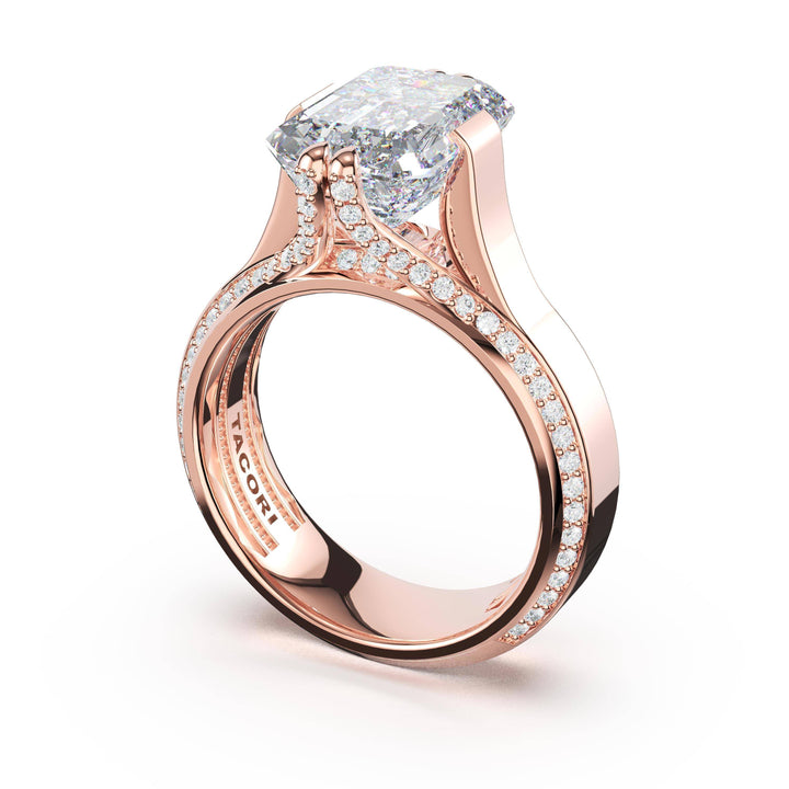 Emerald Wide Band Solitaire Engagement Ring in 18kt Rose Gold