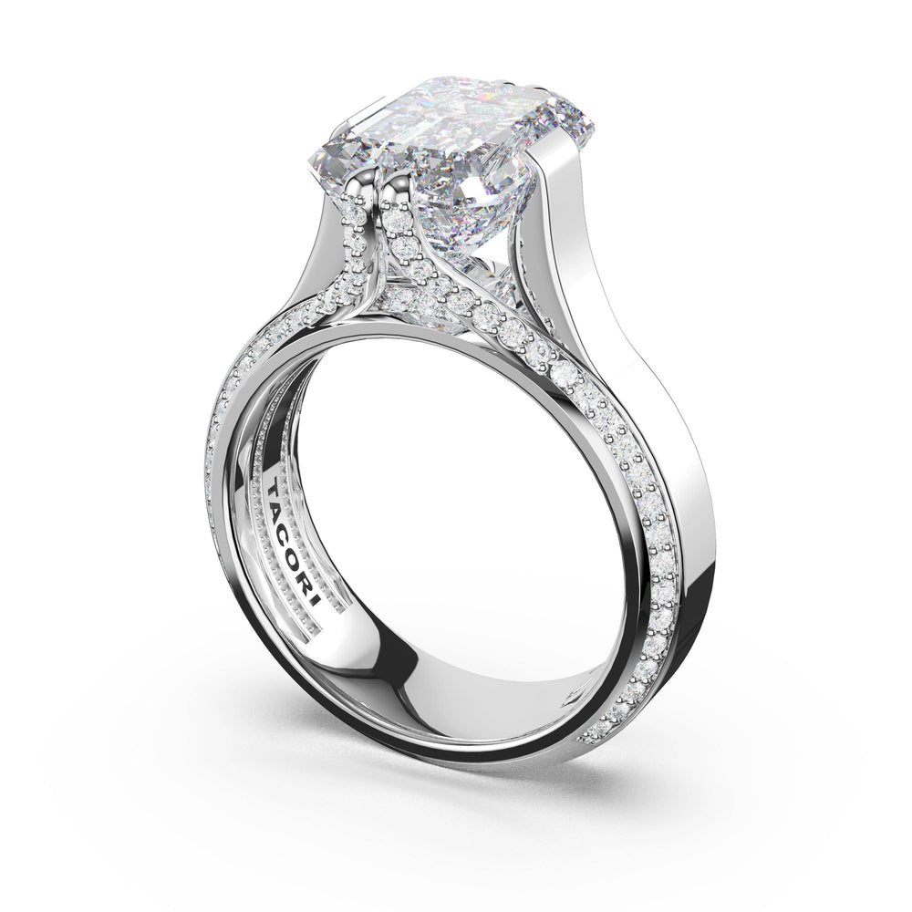 Emerald Wide Band Solitaire Engagement Ring in Platinum