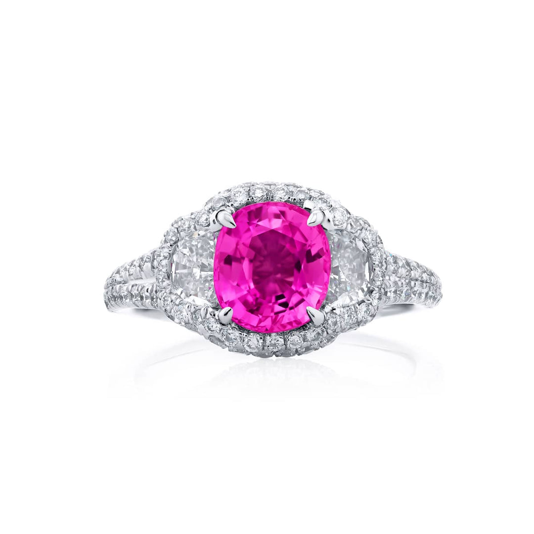 Platinum Cushion-Cut Pink Sapphire Certifed Micro Pave Ring