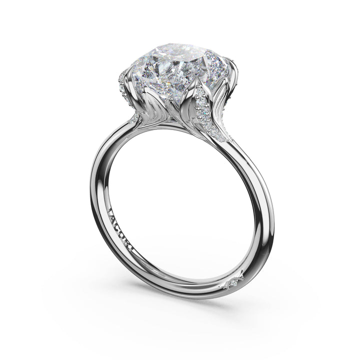 Cushion Petal-Crown Pavé Accent Solitaire in 18kt White Gold