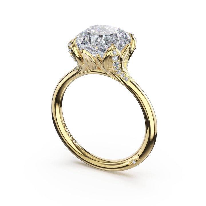 Cushion Petal-Crown Pavé Accent Solitaire in 18kt Yellow Gold