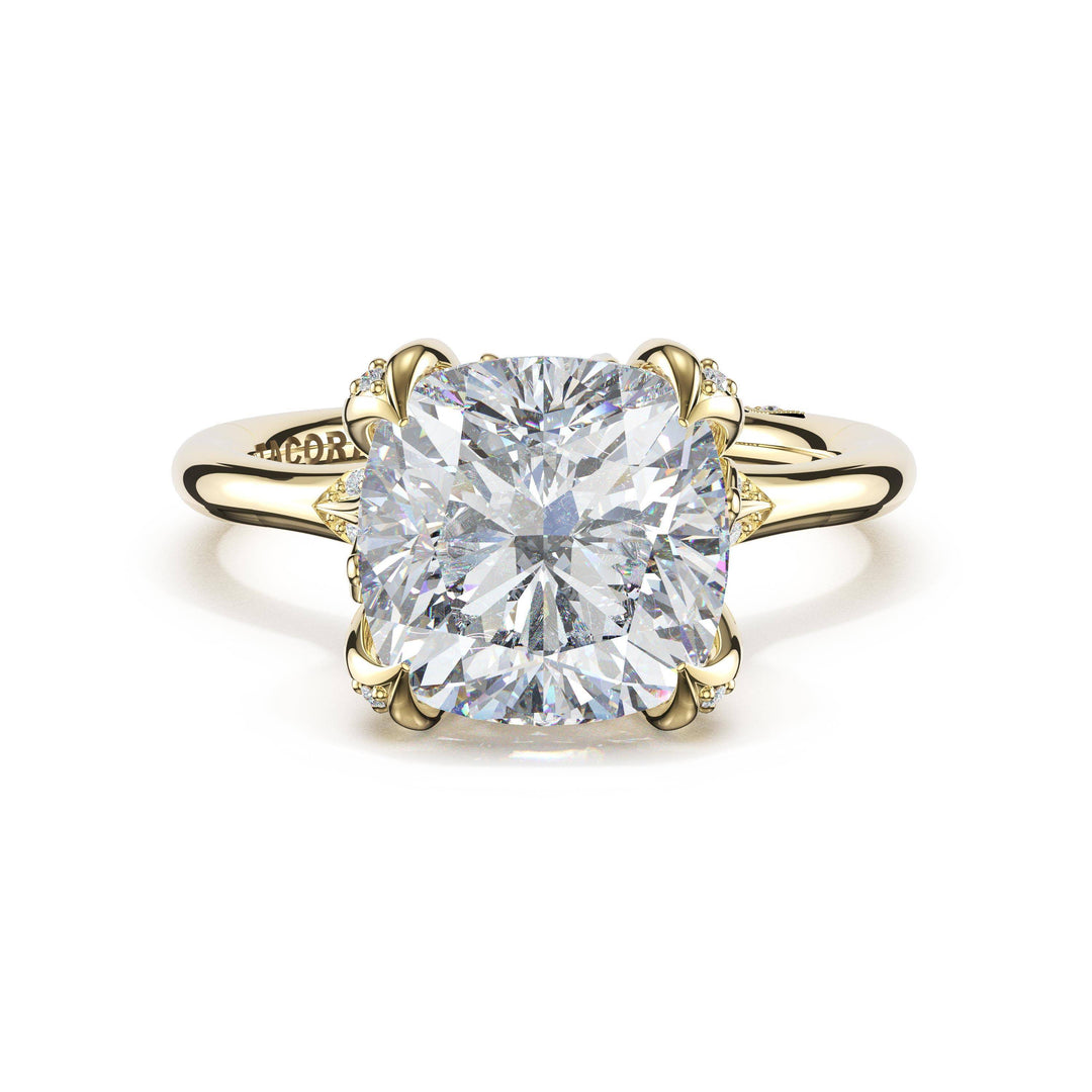 Cushion Petal-Crown Pavé Accent Solitaire in 18kt Yellow Gold