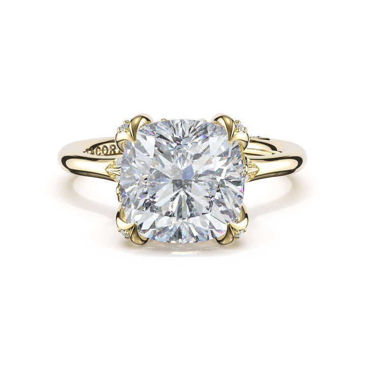 Cushion Petal-Crown Pavé Accent Solitaire in 18kt Yellow Gold
