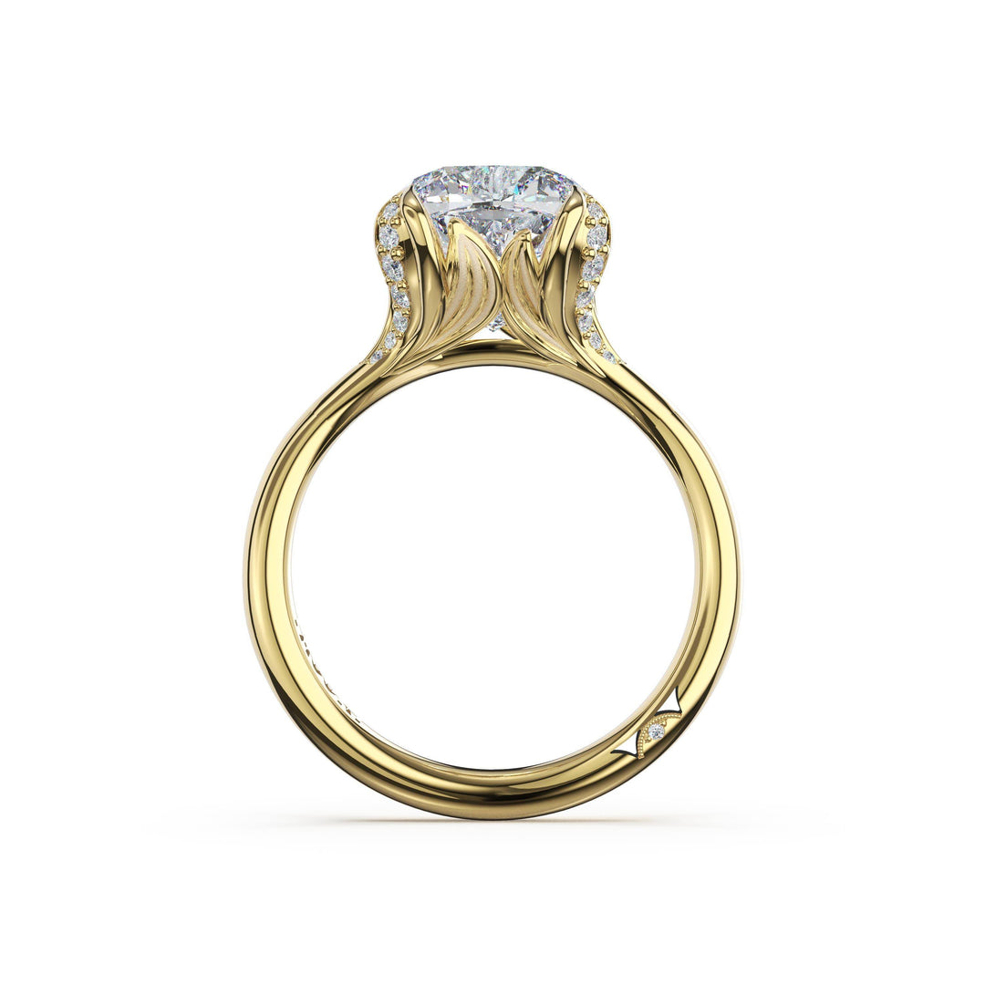 Cushion Petal-Crown Pavé Accent Solitaire in 18kt Yellow Gold