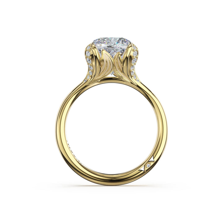 Cushion Petal-Crown Pavé Accent Solitaire in 18kt Yellow Gold